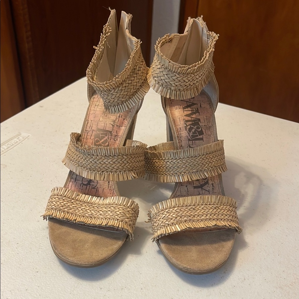 Tan Heels with Woven Straps